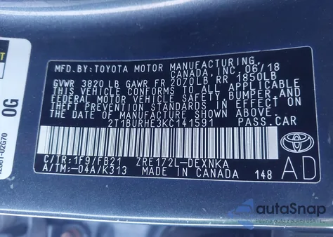 2019 Toyota Corolla Le z USA, uszkodzony, nr VIN 2T1BURHE3KC141591